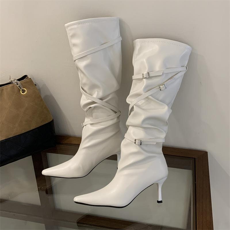 Strap metal buckle pointed high heel boots autumn and winter wrinkled high boots Maillard stacking boots