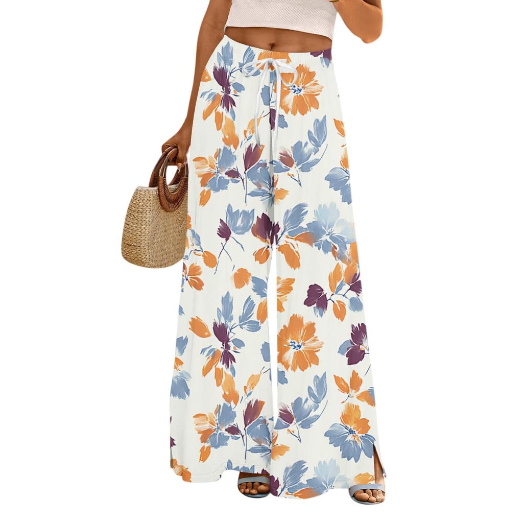 Women's Casual Wide Leg Pants Stretch Belt Pocket Floral Print Adjustable Tie Pants