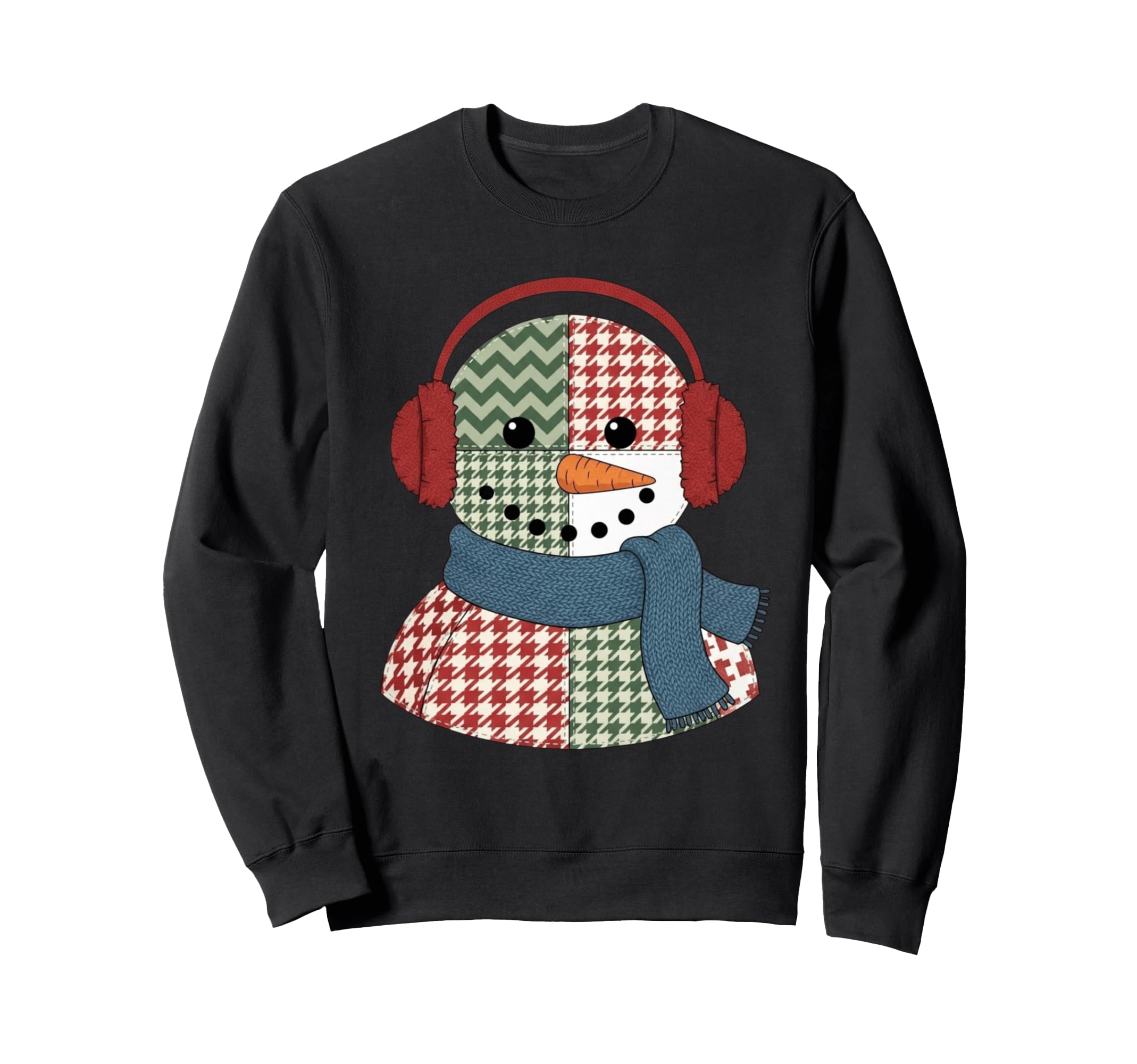 

Рождественский свитер с шарфом и согревающими уши снеговиком в гусиную лапку чёрный