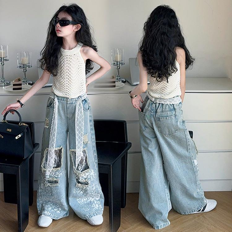 Fashion Girl Stylish Streetwear Y2k Jeans Kids Lace Drawstring Denim Pants Child Hip Hop Ripped Jeans Trousers with Holes