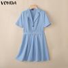 VONDA Women Elegant Short Sleeve Belt Casual Mini Pleated Dress