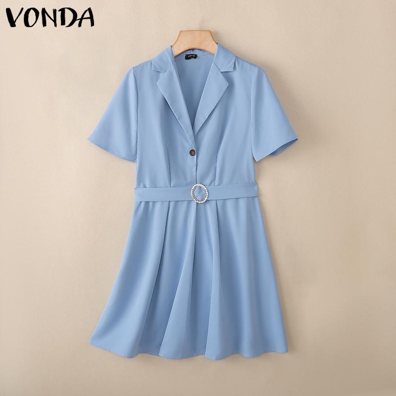 VONDA Women Elegant Short Sleeve Belt Casual Mini Pleated Dress