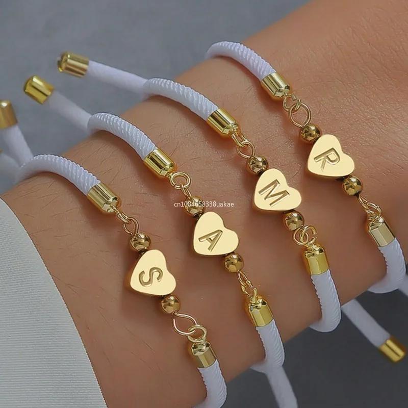 Bracciale Classico con Iniziale a Cuore A-Z, Semplice Braccialetto Regolabile con Corda Colorata per Regali di Gioielli da Donna