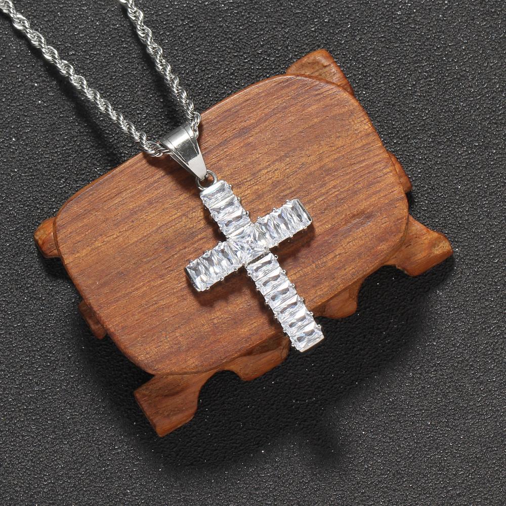 SN266 Hip Hop Cross Pendant Necklace with Crystal & Rhinestone Stainless Steel Rope Chain Iced Out Design