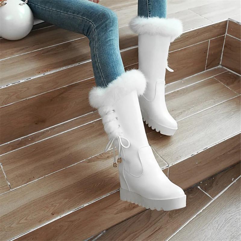 2025 Winter Womens Snow Boots Warm Fur Mid Calf High Boots  Lace-up Female Shoes Female Cute Padded Boots Zapatos De Mujer 33