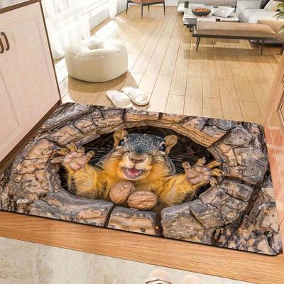 Animiertes Eichhörnchen im Baumloch Fußmatte Innenmatte mit Eingangsteppich für Badezimmer Küche Wohnzimmer Schlafzimmer Sicherer Teppich Dekor
