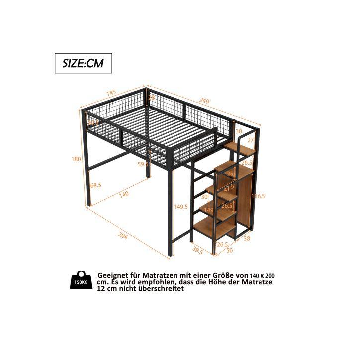 Lit mezzanine - MUVOE - 140x200 cm - Métal - Échelle de sécurité - Rangement intégré