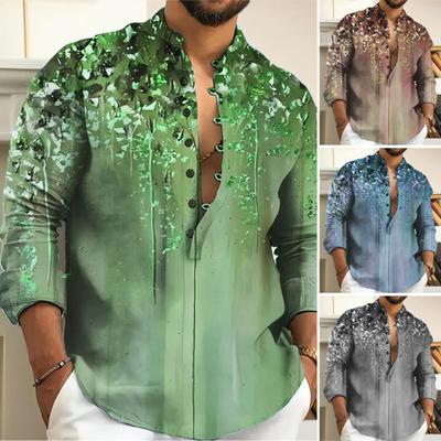 Men Spring Shirt Thin Stand Collar Printed Single-breasted Solid Color Long Sleeves