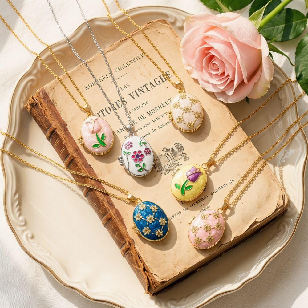Titanium Steel Enamel  Necklace Openable Glazed Flower Choker Photo Locket Pendant Necklace  Girl