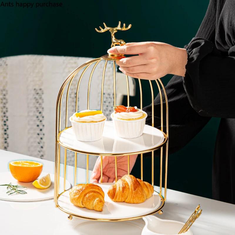 Wrought Iron Ceramic Cake Stand Multi-layer Fruit Plate Snacks Tray Dessert Plate Cake Pan Elk Display Stand Decorative Plates