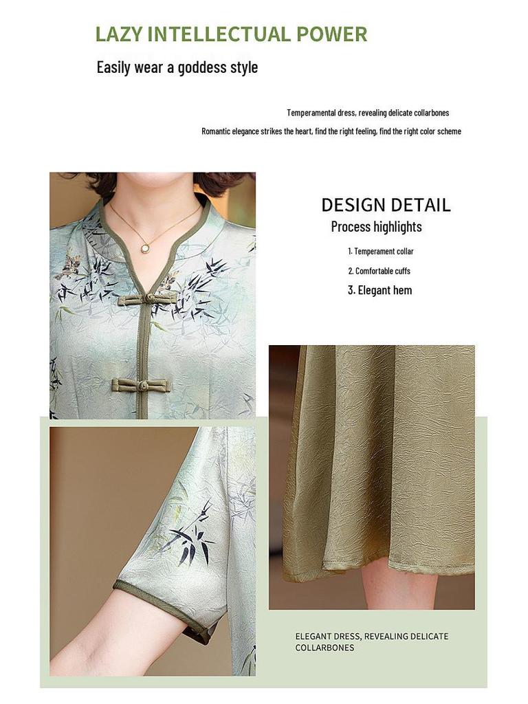 Léto 2025 Elegantní šaty v čínském stylu pro ženy středního věku - Design falešného dvoudílného vzhledu