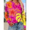 Women's Long-sleeved T-shirt - Tropical Flower Print Round Neck Knitted Fabric, Versatile Top for Daily Casual Outings