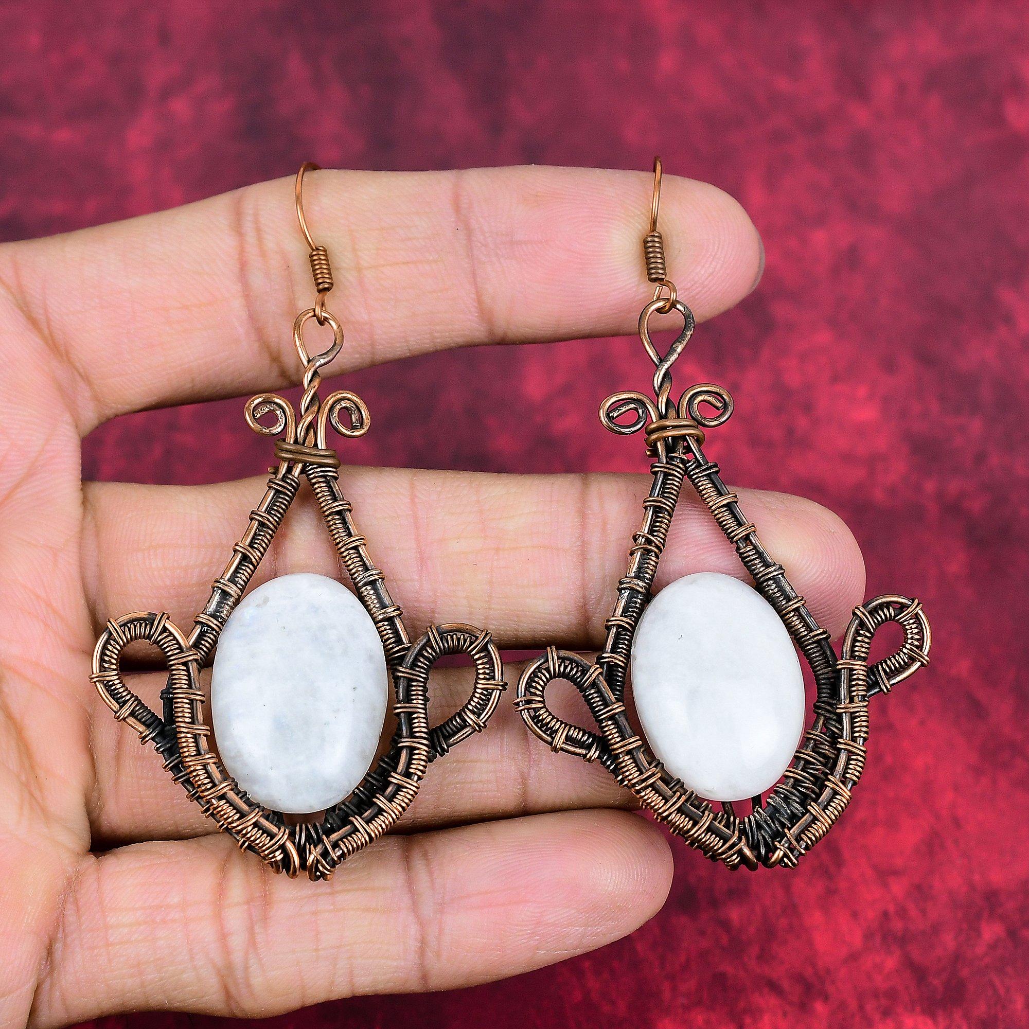 Rainbow moonstone earring copper wire wrapped earring handmade copper jewelry natural gemstone earrings wire weaving jewelry gifts for women