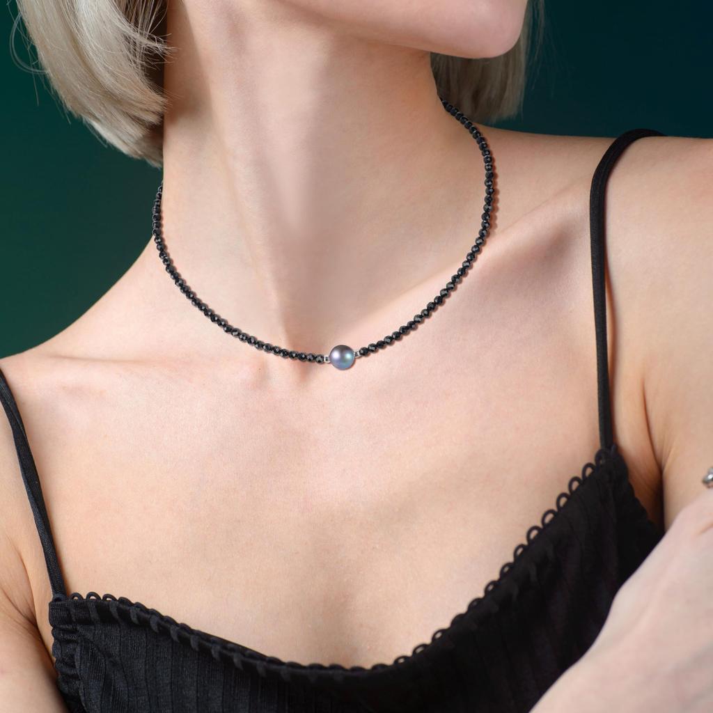 Cut Spinel Black Pearl Choker Power Stone Necklace for Women [KOAI]