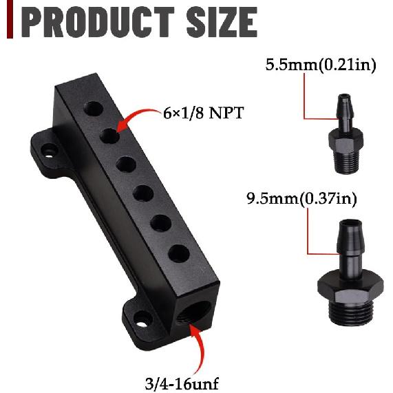6 Port Vacuum Block Intake Manifold Kit Fuel Wastegate Turbo Boost 1/8NPT Compatible with Boost Controllers and Meters,for Racing