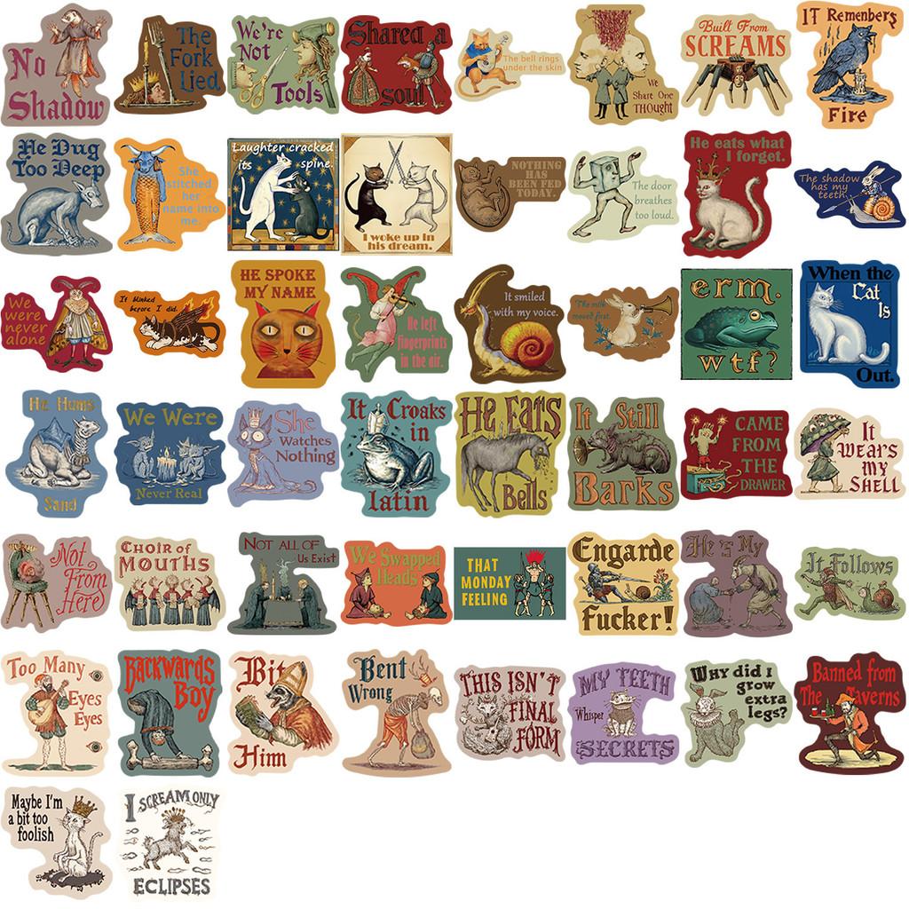 50 kusů Kreslené Středověké Strašidelné Abstraktní Retro Samolepky - Vodotěsné PVC Dekorativní Nálepky pro DIY Pouzdra na Telefon, Lahve na Vodu