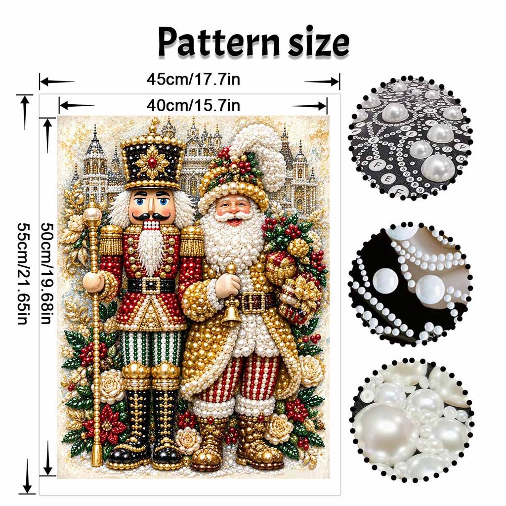 Nutcracker and Santa Pearl Painting with Frame 3D Sparkling Canvas Art Relaxing Craft for Bedroom Wall Decor Festive Holiday Home Gift