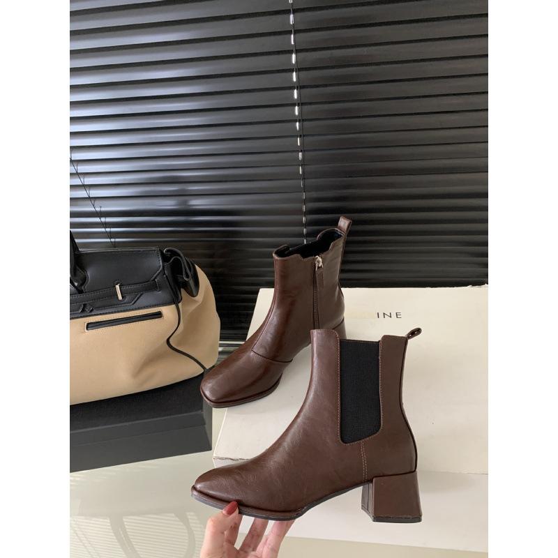 

Маленькие короткие ботинки Квадратный носок женские до колена тонкие ботинки Осень и зима новые ботинки на толстом каблуке с резинкой Ботинки с цветовой блокировкой 40 темно-коричневого
