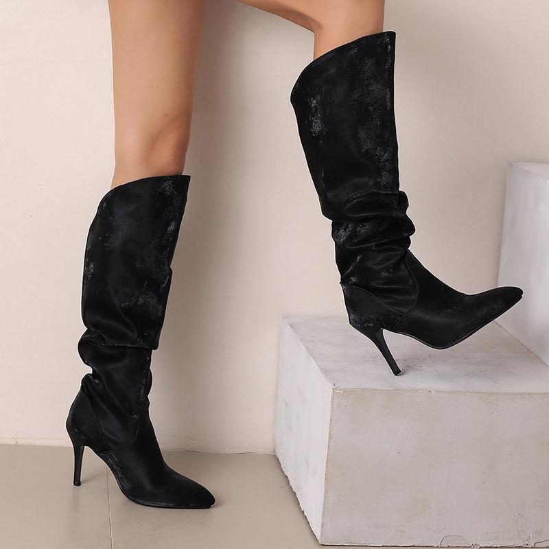 Women's High-heeled Boots, Autumn and Winter New European and American Style Solid Color Pointed Toe Thin Heel Oversized Casual Boots