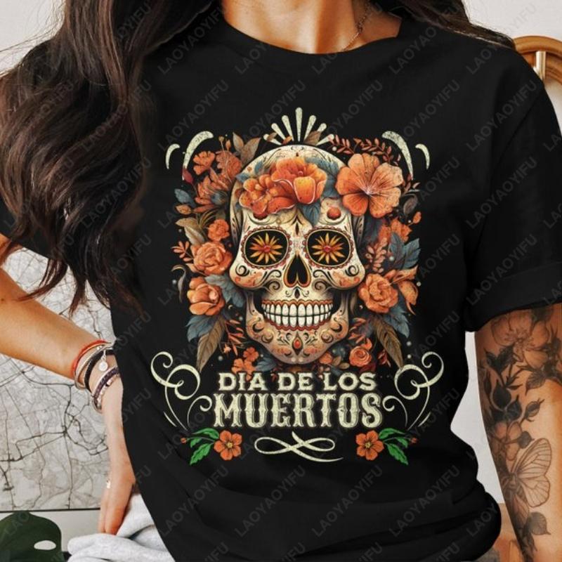 

Celebrate in Style Floral Skull Dia De Los Muertos TShirt Men Women Vintage Nostalgia Classics Tops Trending Hipster Cotton Tees S разноцветный