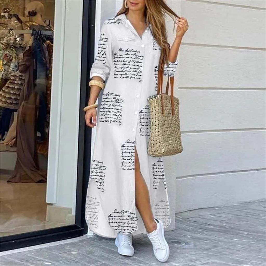 Shirt Dresses For Women Sexy Casual Print Long Sleeve Blouses Loose Slit Maxi Dresses Button Down