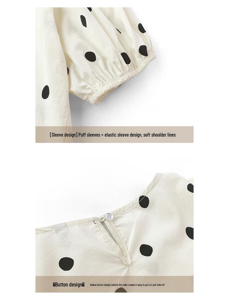 Women's Summer 2025 Polka Dot Chiffon Blouse - Short-Sleeved, Loose Fit, Round Neck, Korean Style