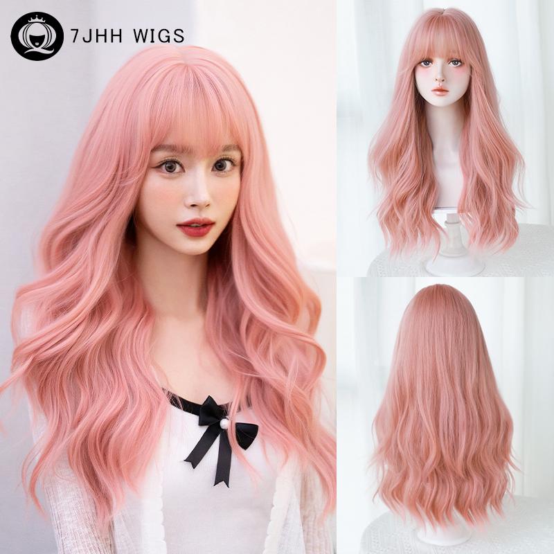 7jhh Wigs Loose Body Wavy Pink Brown Wigs With Dark Roots High Density Synthetic Wavy Ombre Hair Wig For Women Party Lolita Wigs