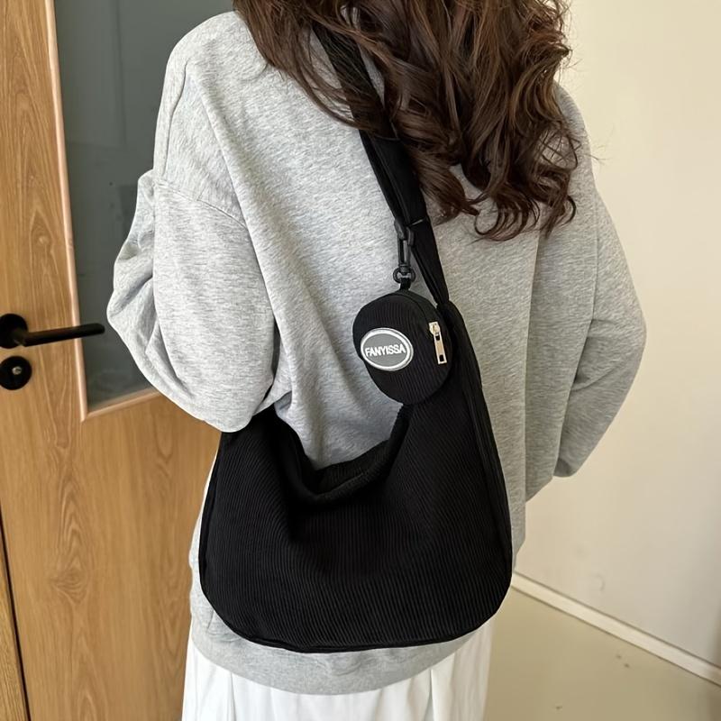 Large Capacity Corduroy Chic Crossbody Bag for Women - Adjustable Strap, Solid Color, Casual Dumpling Design with Zip Closure