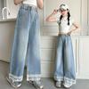 2025 Fashionable Girls' Lace-Trim Wide-Leg Jeans - Super Soft for Autumn & Spring