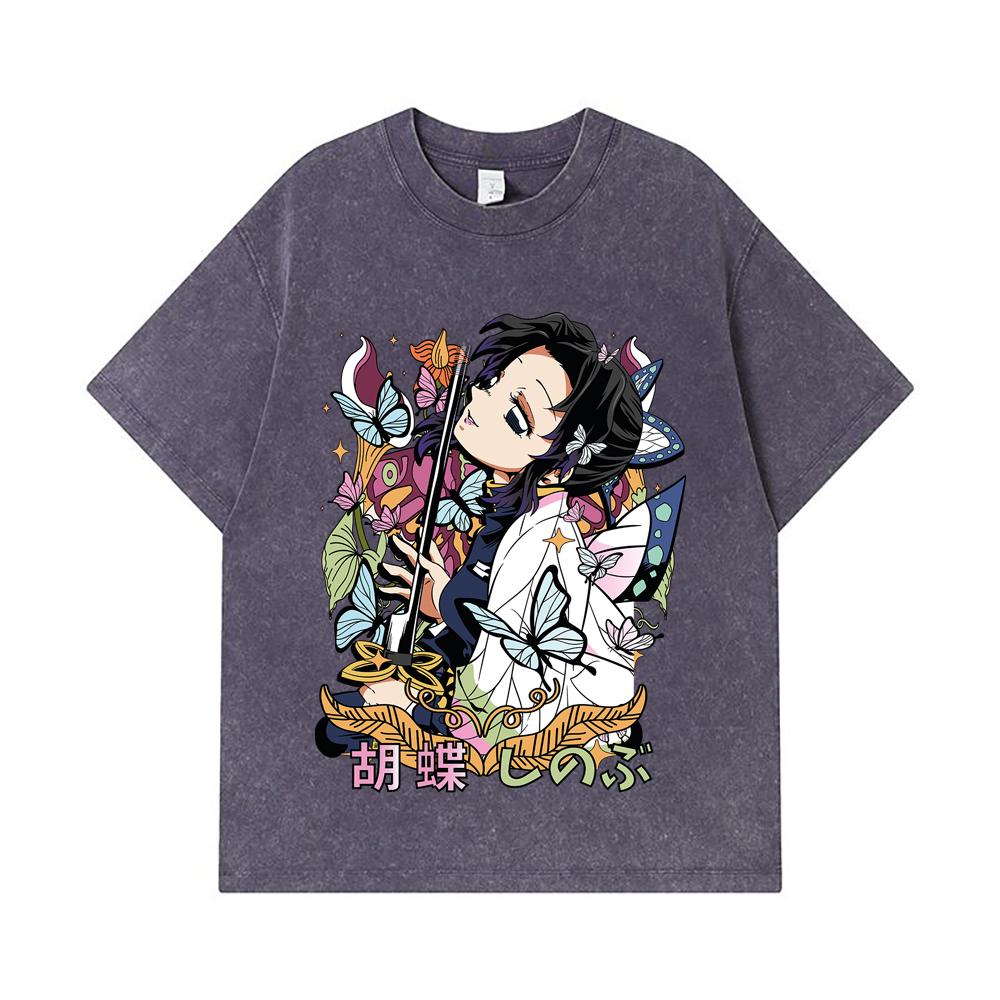 275 GSM Washed T-shirts 100% Cotton Demon Slayer V104 Shinobu Flower Print Unisex Heavy Cotton T Shirt