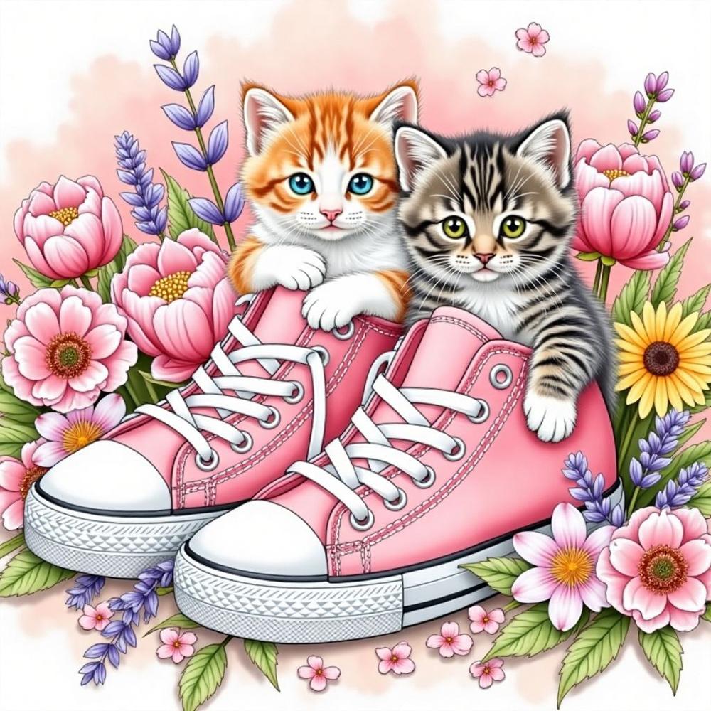2 Cute Kittens on Pink Sneakers, 5D Diamond Painting Kit Surrounded by Purple Lavender And Pink Flowers, Diamond Art Painting, Home Decor, Wall Hangin