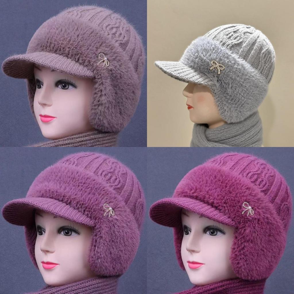 Knitted Earflap Hat For Seniors With Rhinestone Bow Decor For Autumn Winter