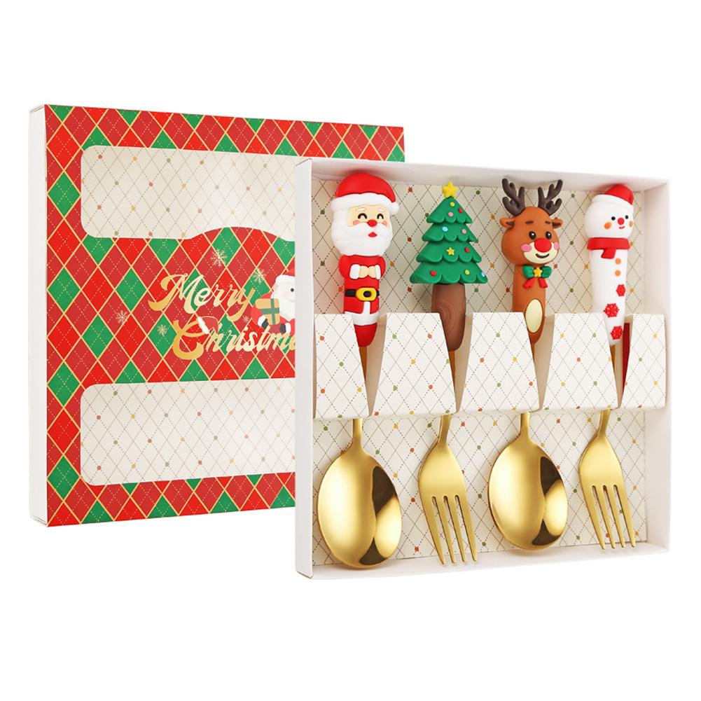 4 STÜCKE Weihnachtsgeschirr Edelstahl Besteck Dessertgabel Kaffeelöffel Weihnachtsmann Besteck Mit Luxus Geschenkbox Für Weihnachten