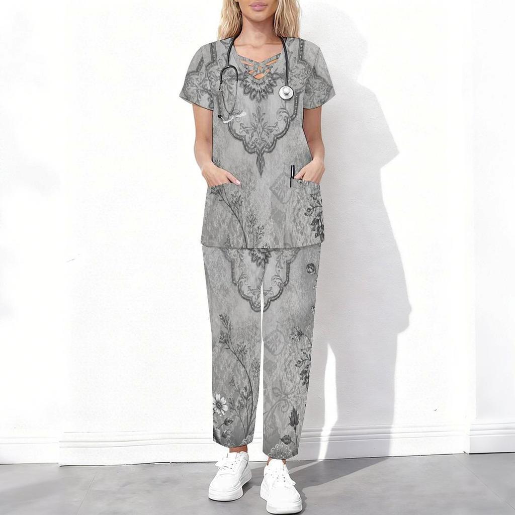 Women Plus Size Blue White Floral Printed Cutout Neck Short Sleeve Scrub Top With Pockets And Long Pants Set