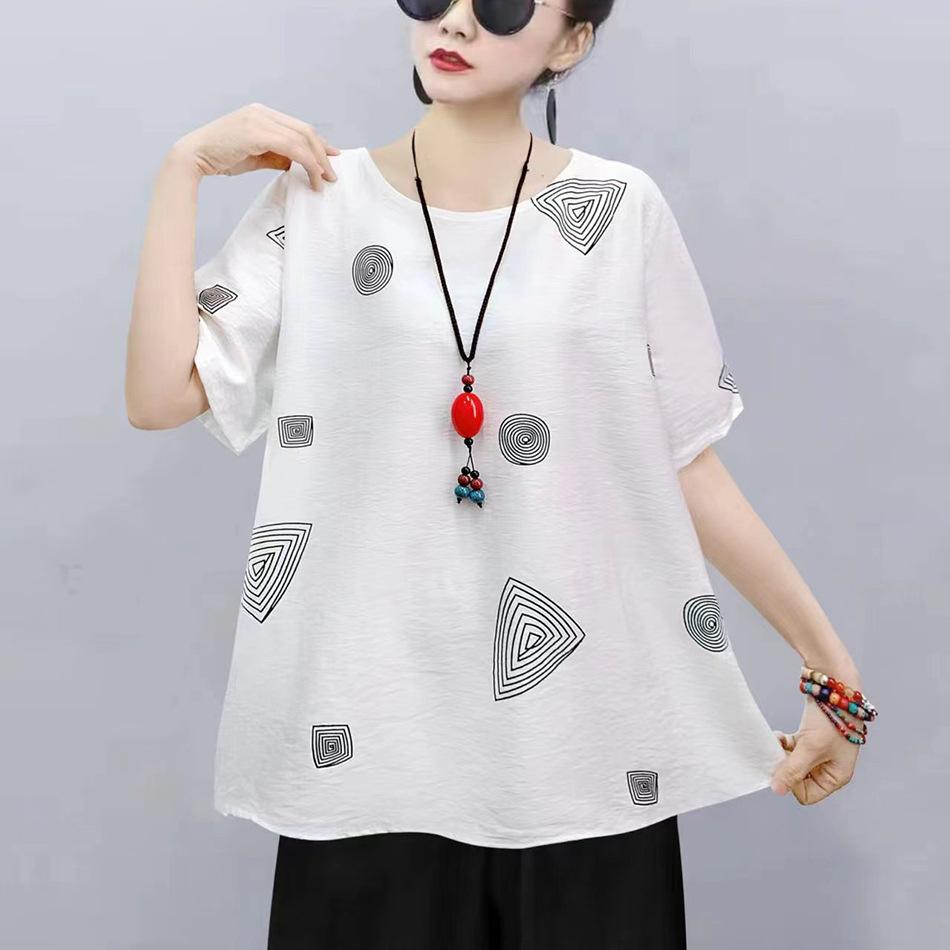 Chinese Women's Chinese Style T-shirt Long-sleeved Loose Cotton Short-sleeved Summer Blouse Ethnic Style
