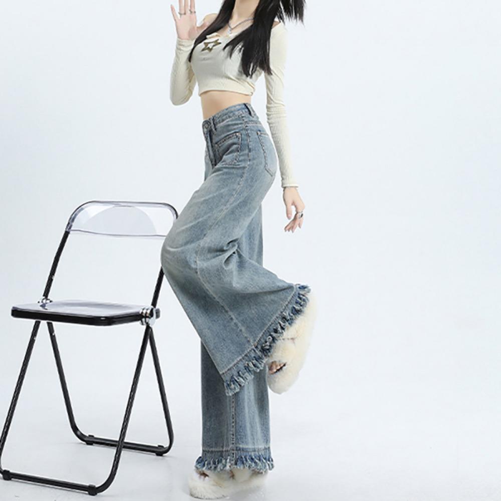 Retro loose burr jeans women's spring and autumn new high-waisted and thin small wide-leg floor-mopping pants tide