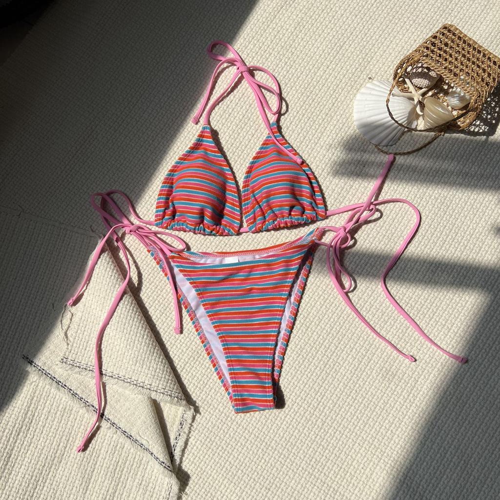 Set bikini pentru femei, în dungi, cu culoarea blocului