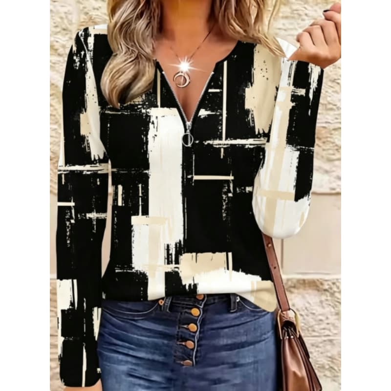 Women's creative printed zipper long-sleeved T-shirt, breathable, soft and comfortable, suitable for all-year-round casual wear