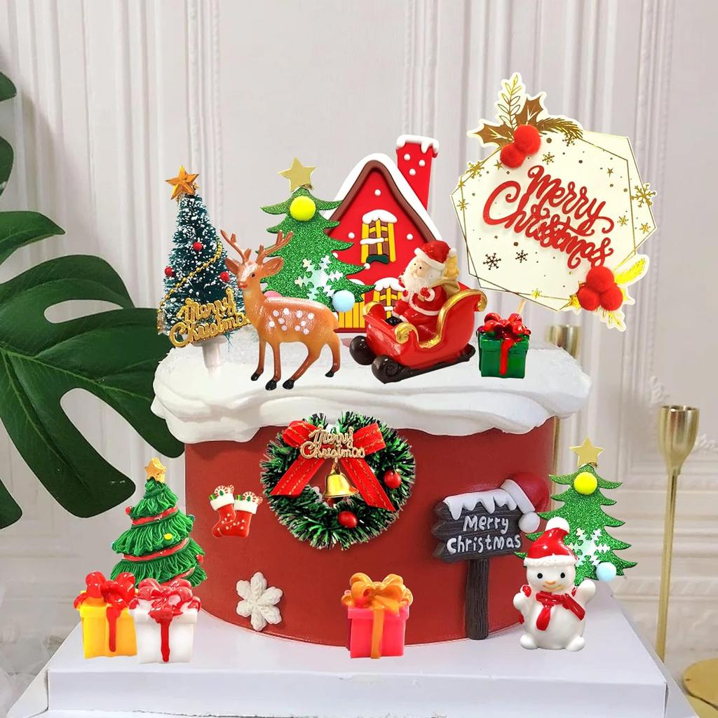 Merry Christmas Cake Decorations Christmas Cupcake Toppers with Craft Christmas Tree Mini Santa Snowman Cake Decorations