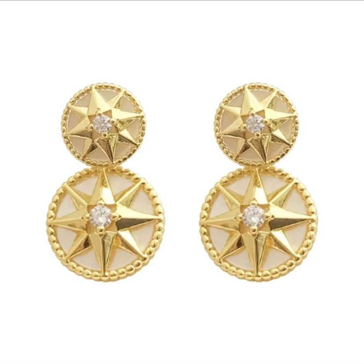 White Mother-of-Pearl Compass Stud Earrings with Zircon Encrusted Eight-Pointed Star