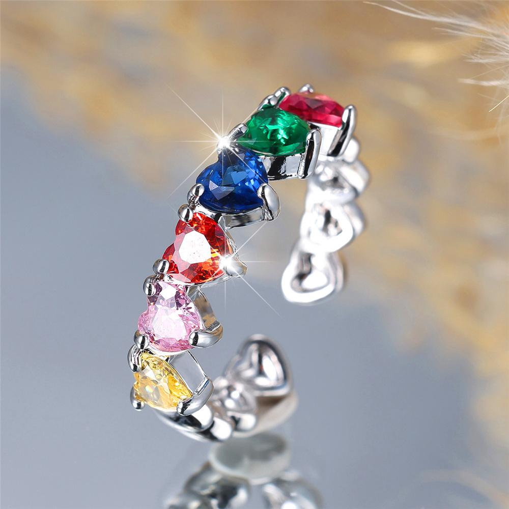 Cute Female Rainbow Zircon Stone Adjustable Heart Ring Vintage  Color Open Wedding Jewelry For Women