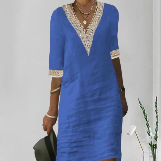 V-neck Half Sleeve Thin Beach Dress Women Elegant Lace Stitching Casual Dress Streetwear