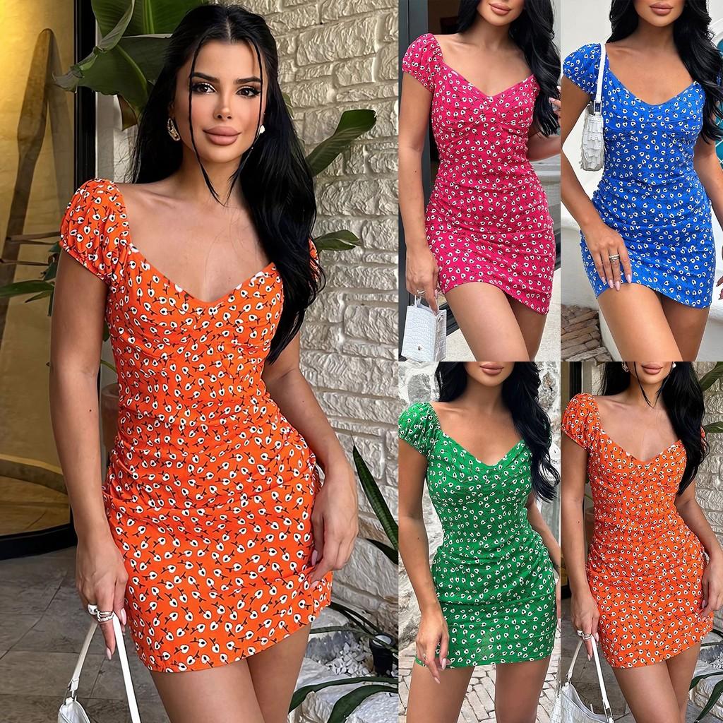 

Women Fashion Casual Elegant Party Office V Neck Flowers Floral Print Short Sleeves Mini Short Dress