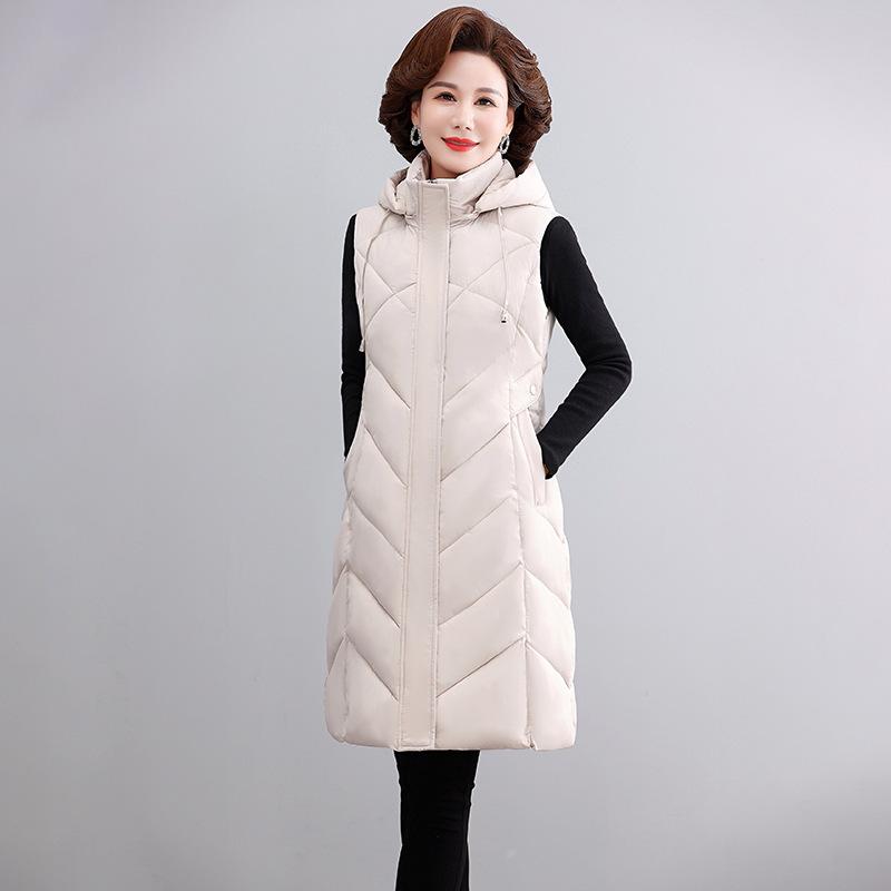 Middle-aged and Elderly Down Cotton Vest Women's Medium and Long Hooded Knee Vest Jacket