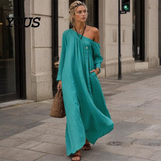 Retro Style Dress Summer Maxi for Women, Casual Loose One Shoulder Long Everyday Wear Sleeve Dress, Flowy Beach Vacation Sundress wwith Pockets Simple