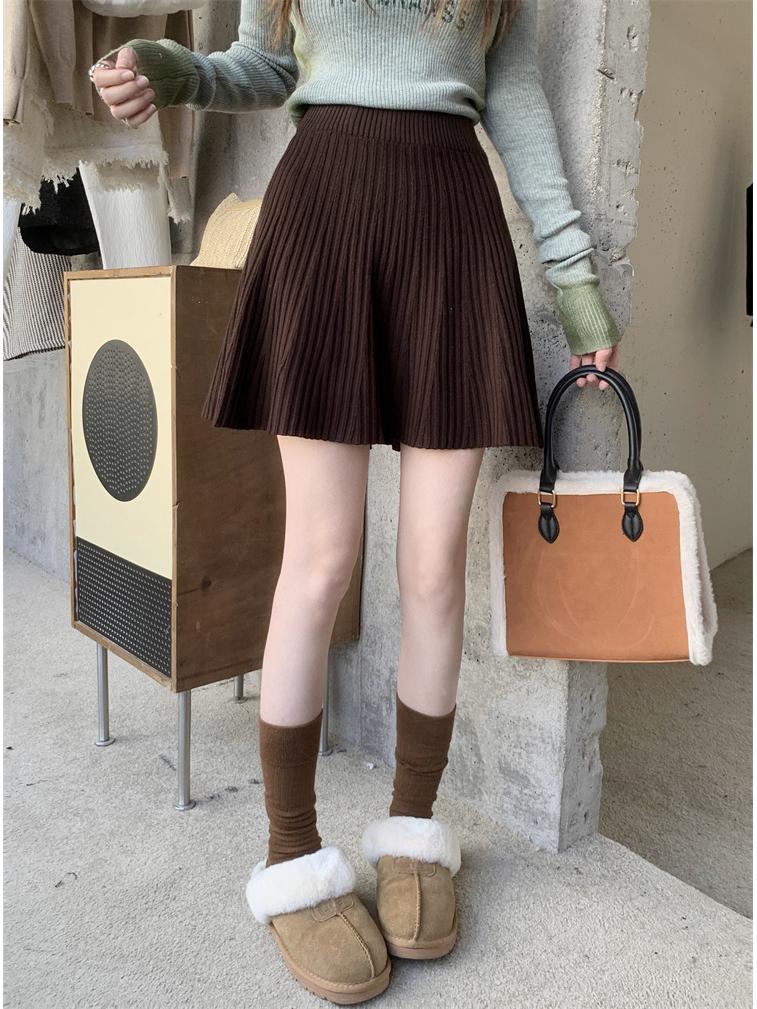 Grey Slimming High-Waisted Knit A-line Skirt - Women's 2025 Retro Korean Style Short Skirt