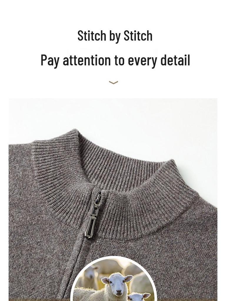 Męski gruby wełniany sweter rozpinany, kołnierz stojący, 520g, gruba gładka tkanina, casualowa ciepła odzież wierzchnia na zimę.