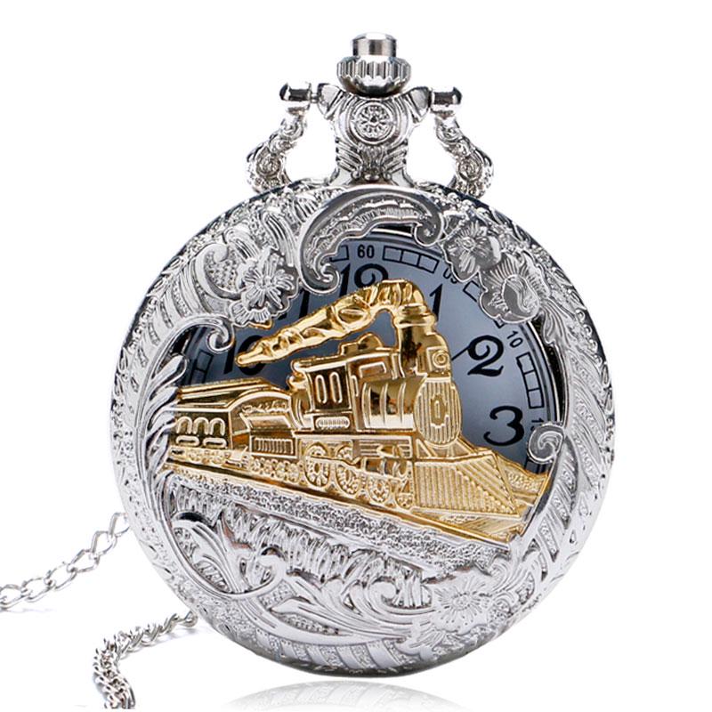 Klassisk Antik Ånglok Design Fickur med Kedja Halsband Vintage Kvarts Hänge Klocka Kedja för Män Kvinnor Barn