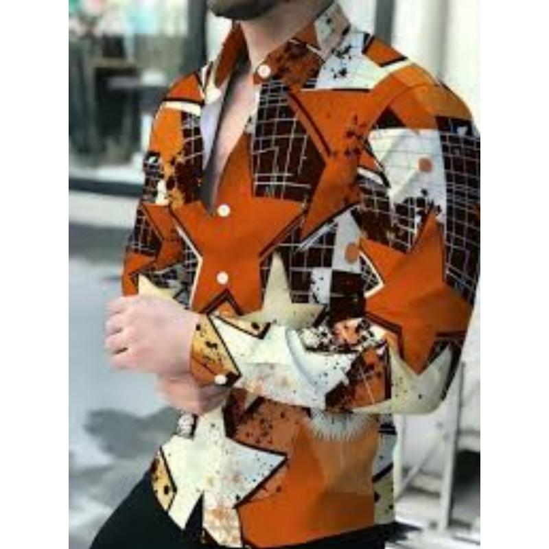 Men's Ethnic Diamond Totem Printed Long Sleeved Shirt, Slim Fit Lapel Shirt, Holiday Street Casual Men's Top