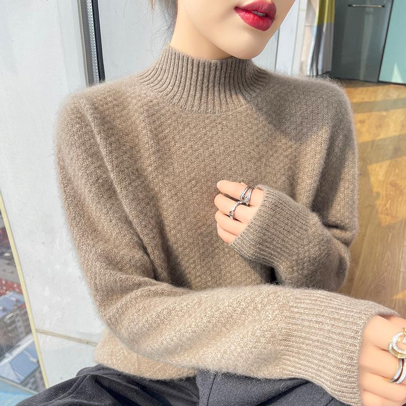Women's High Neck Wool Sweater: Autumn/Winter Osmanthus Stitch, Thickened Loose Pullover Knitwear.